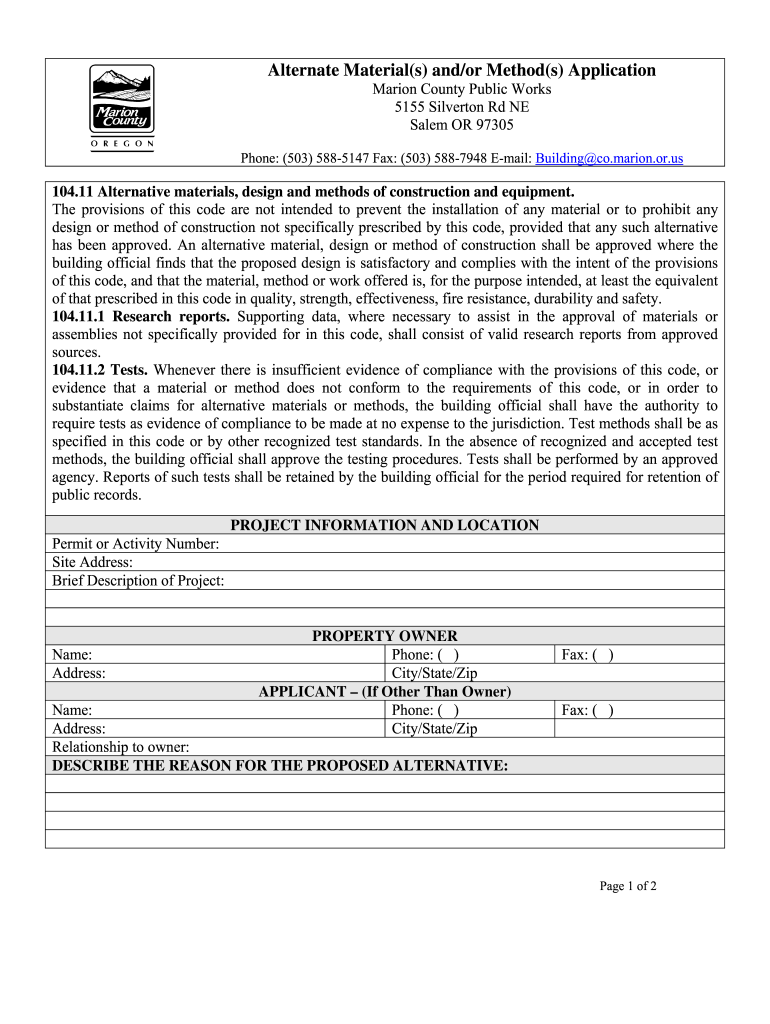 Alternate Materials Andor Methods Application Marion Co Marion or  Form