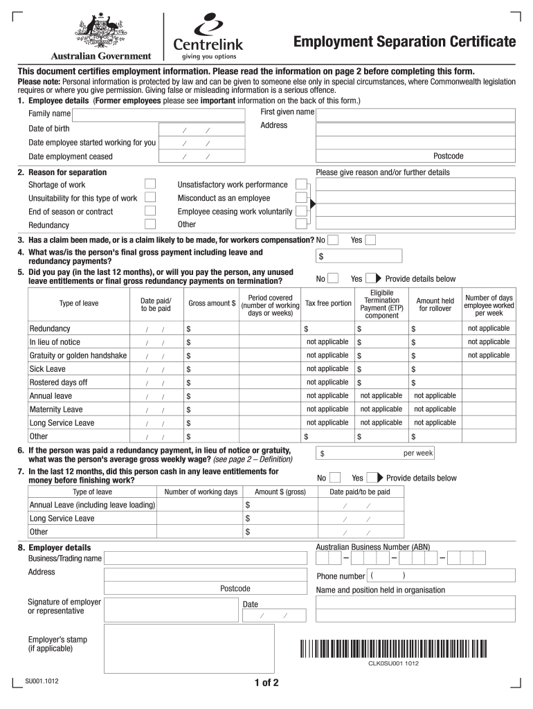 Get and Sign Centrelink Separation Certificate 2010-2022 Form