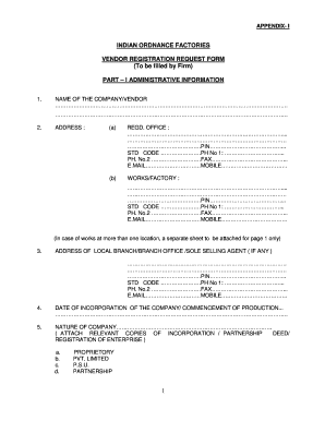 Ordnance Factory Vendor Registration  Form