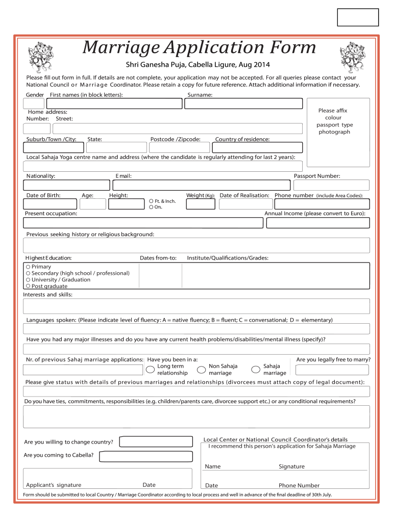 Sahaja Yoga Marriage Form