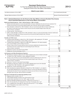 Arizona Schedule APYN Itemized Deductions for Part Year Residents  Form