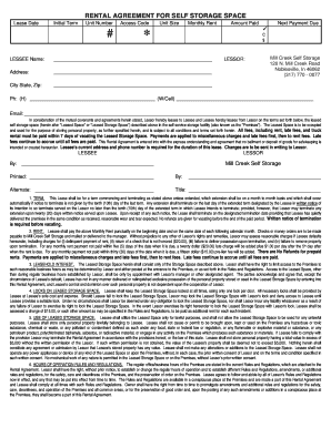 Rental Agreement for Self Storage Space Mill Creek Self Storage  Form