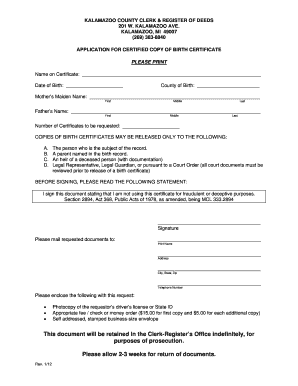 Kalamazoo Michigan Birth Certificate  Form
