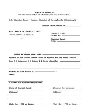 Notice of Appeal US Court of Appeals Third Circuit Paw Fd  Form