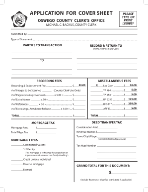 ApplicAtion for Cover Sheet Please Type or OSwego County Co Oswego Ny  Form