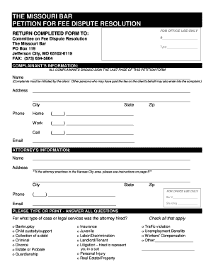 The Missouri Bar Petition for Fee Dispute Resolution Mobar  Form