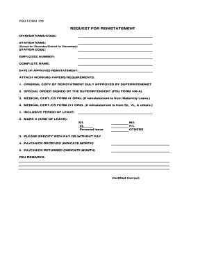 Request for Reinstatement PSU Form 109
