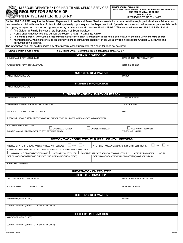 Missouri Putative Father Registry  Form