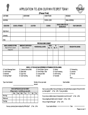 APPLICATION to JOIN OUR WHITE SPOT TEAM! SD61 Ob2 Sd61 Bc  Form