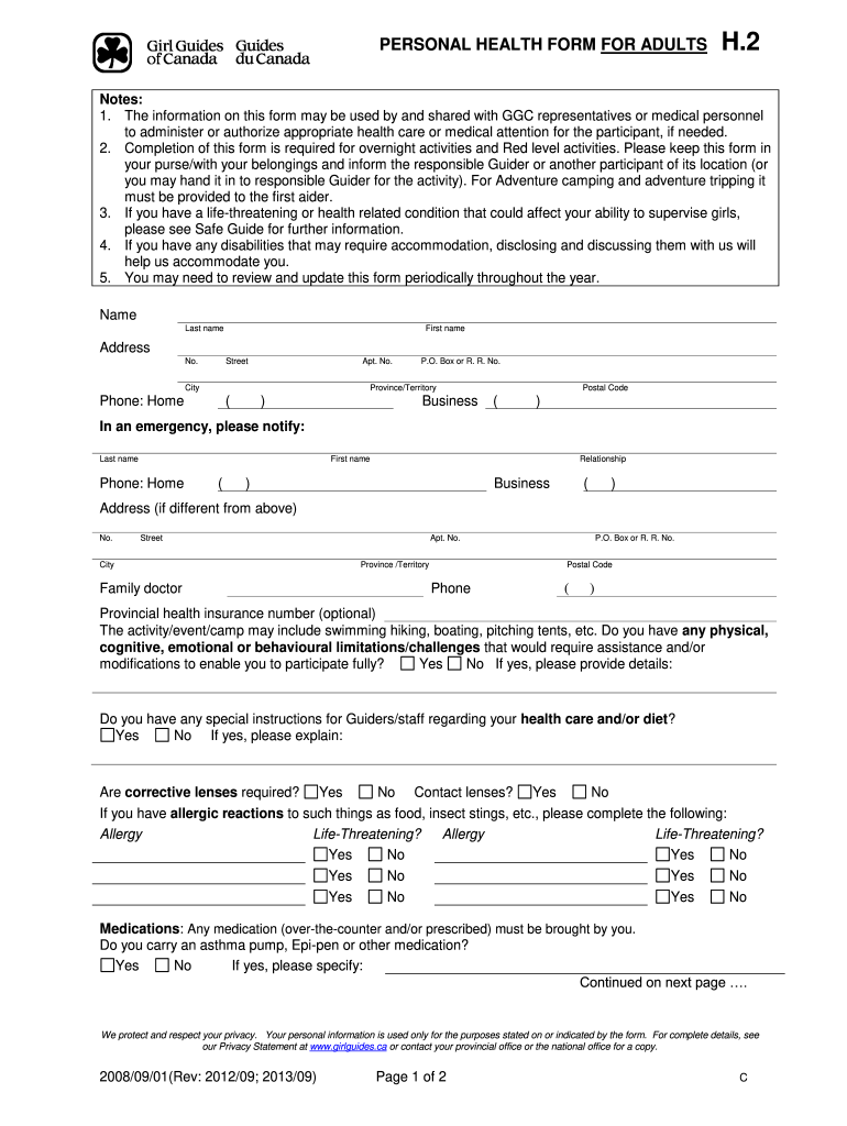  Girl Guide Health Form 2013-2024