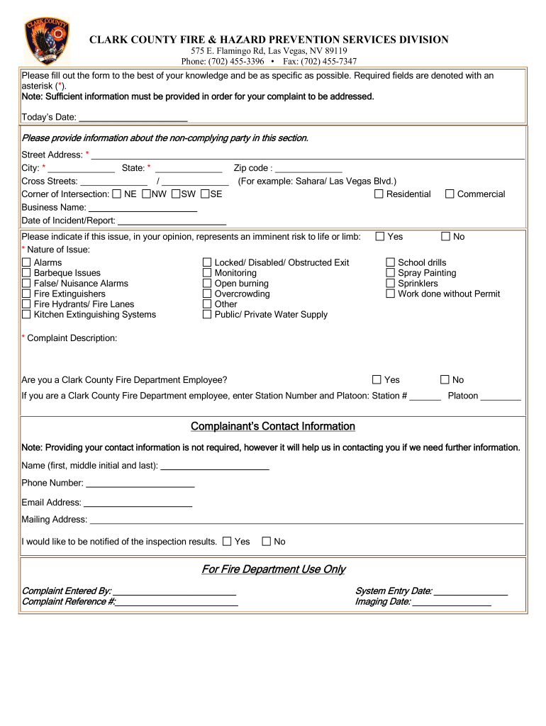 Fire Department Complaint Form