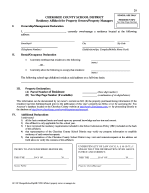 Residency Affidavit for Property Owners Property Managers Cherokee K12 Ga  Form