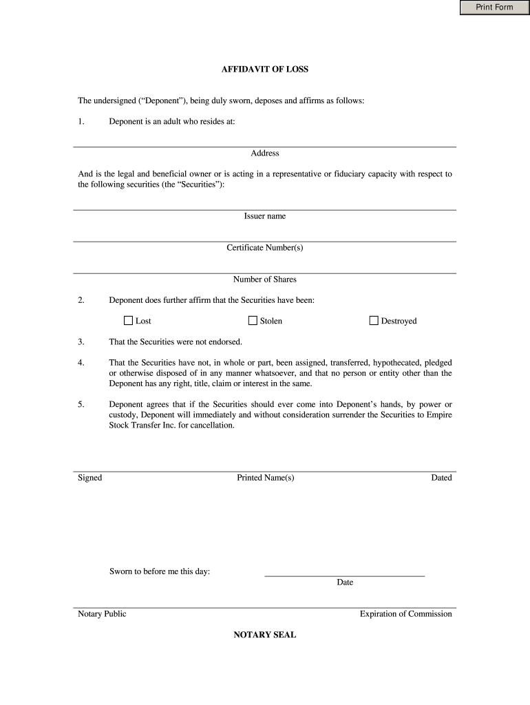 Lost Stock Affidavit  Form