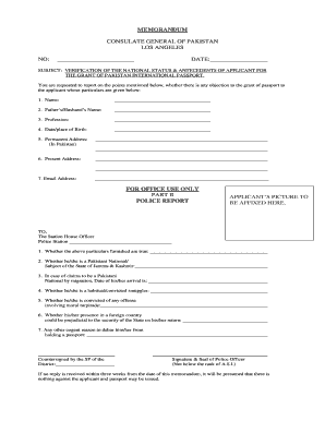 Memorandum Form for Passport