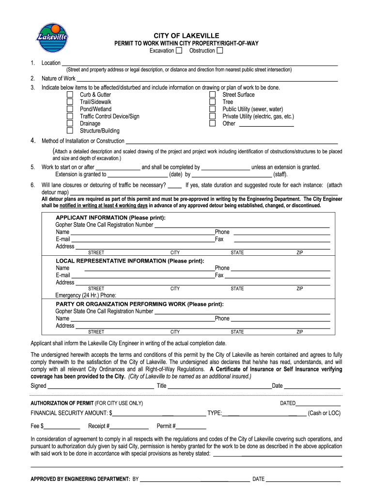 CITY of LAKEVILLE PERMIT to WORK within CITY PROPERTYRIGHT  Form