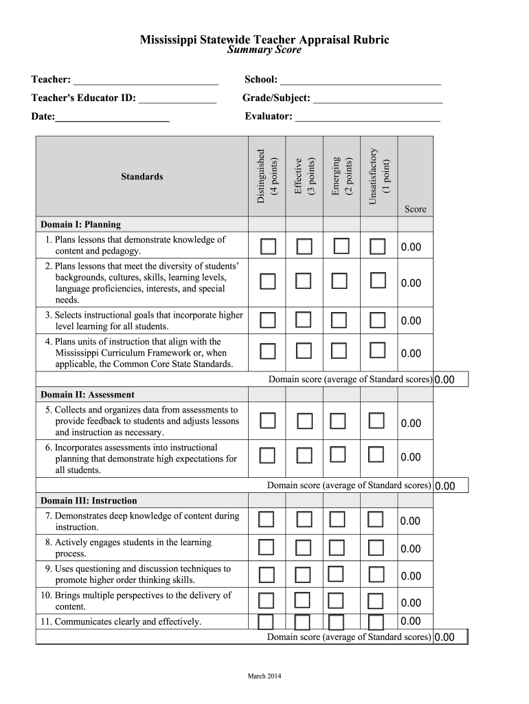  Mississippi Teacher Rubric 2014-2024