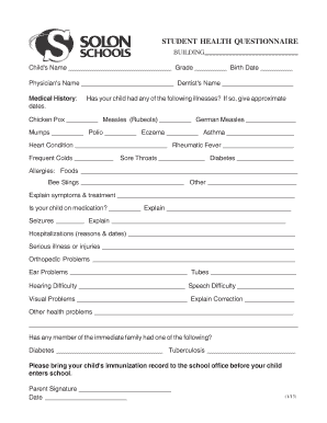 School Health Questionnaire  Form