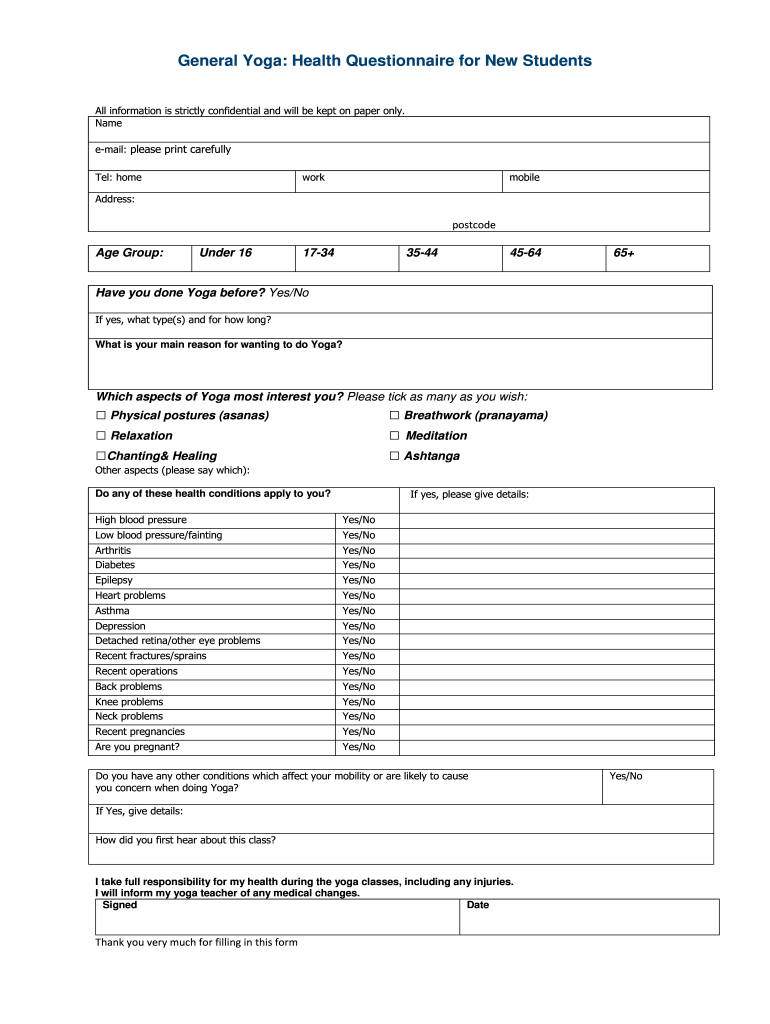 Yoga Health Questionnaire  Form