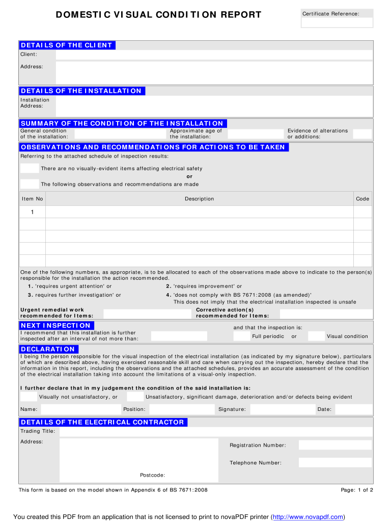 Domestic Visual Condition Report  Form