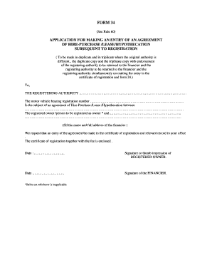 Form No 34 for Vehicle Registration