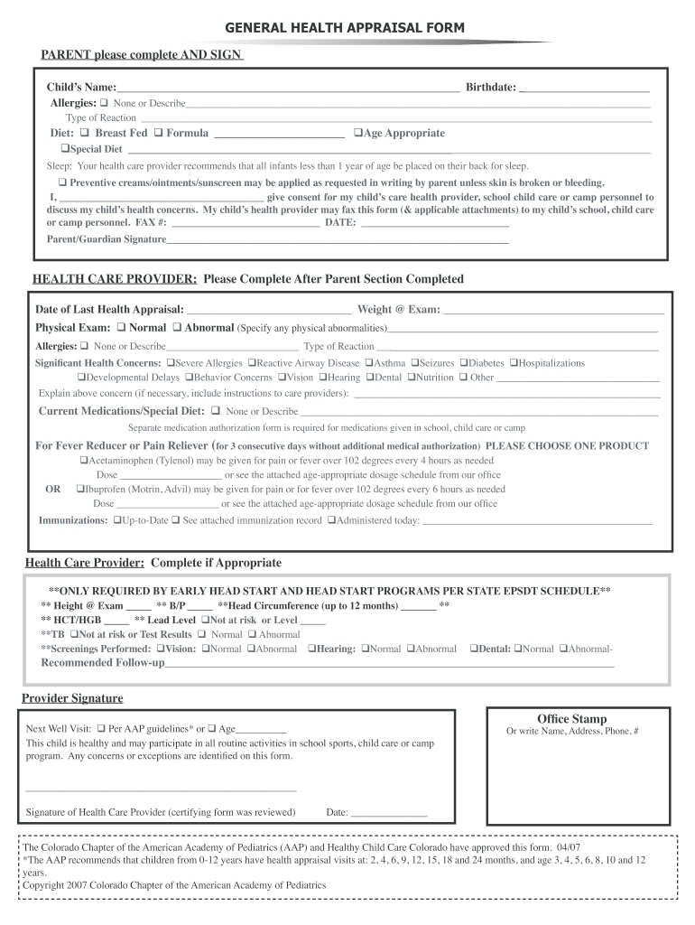 General Health Appraisal 20072024 Form Fill Out and Sign Printable