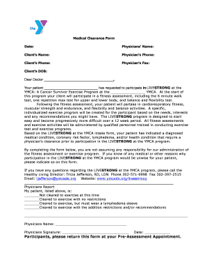 LIVESTRONG at the YMCA Medical Clearance Form Updated 10 6 16 7 DOC