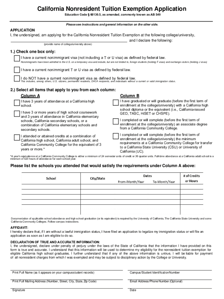  AB 540 and AB California Nonresident Tuition Exemption 2023-2024