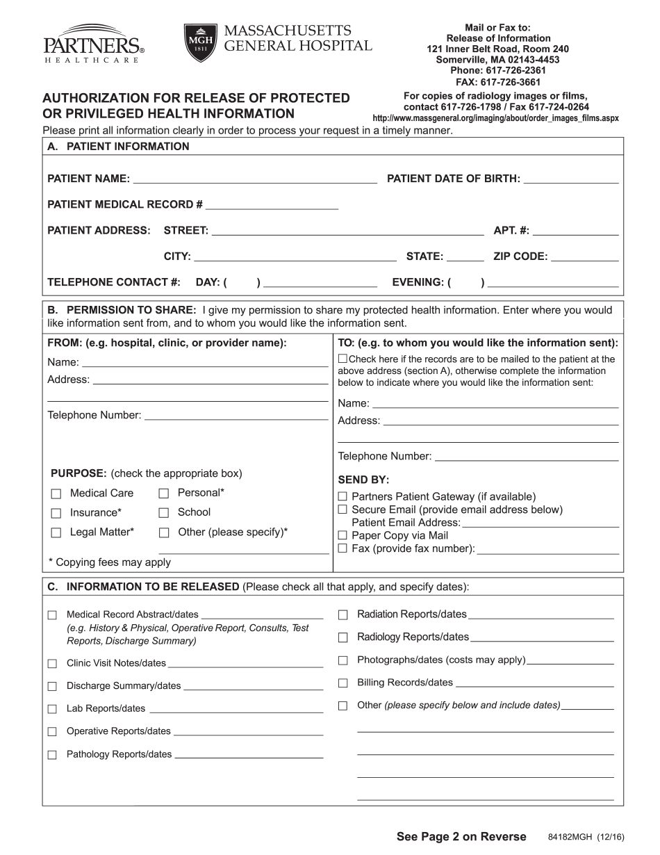  Brigham and Women's Hospital Medical Records Release Form 2016-2024