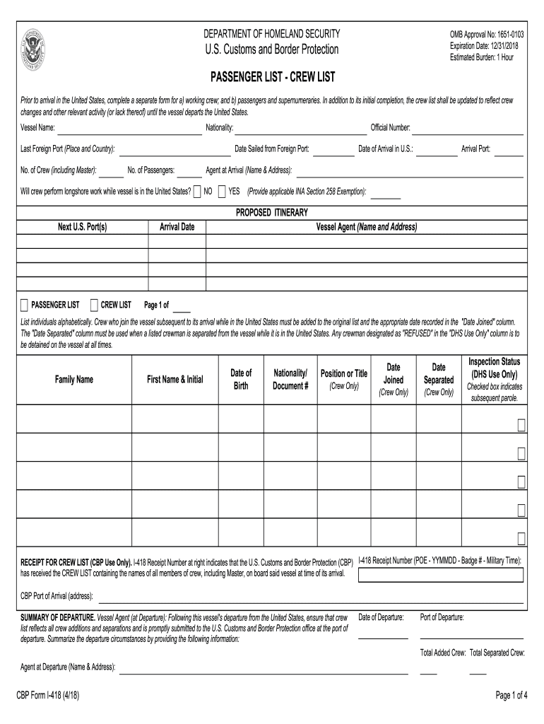  Cbp Form I 418 2018