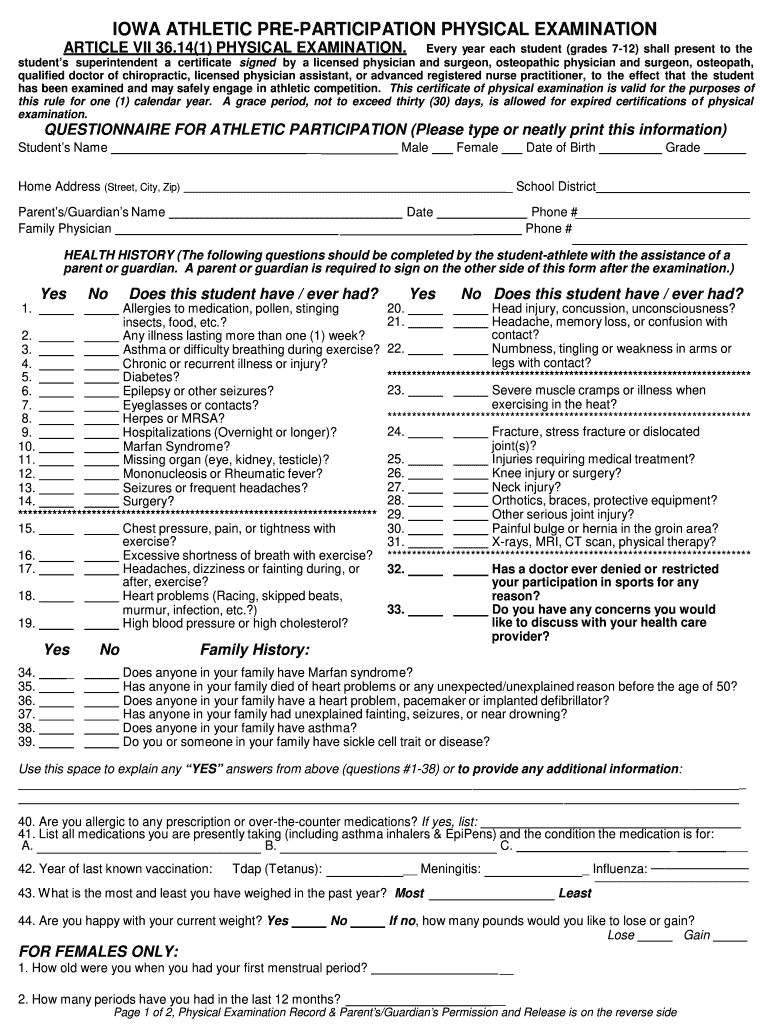  Iowa Sports Physical Form 2015