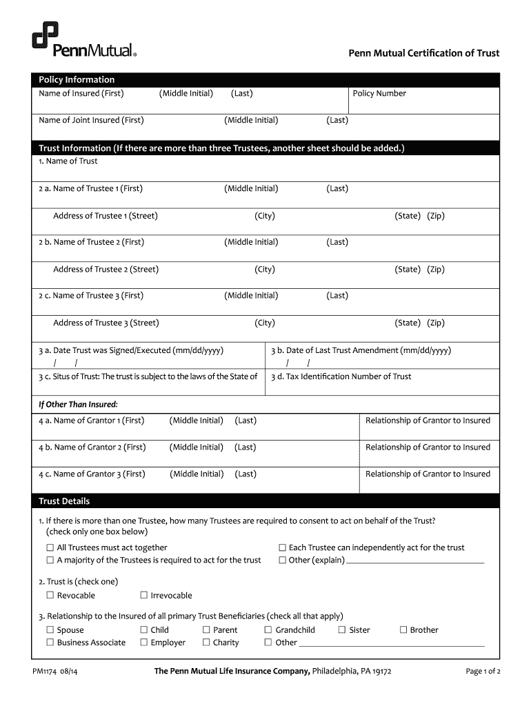  Penn Mutual Certification of Trust PM1174 2014-2024