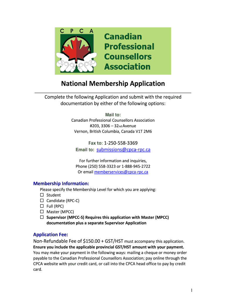 CPCA National Membership Application Canadian Professional  Form