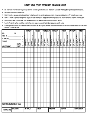 Ohio CACFP Policy is that Infant under One Year of Age Meal Counts Be Recorded by Individual Childs Name  Form