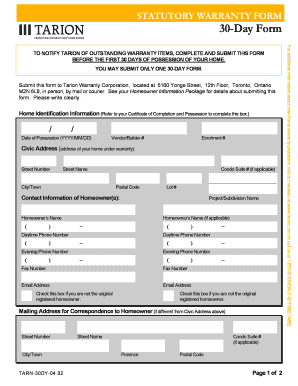 30 Day Statutory Warranty Form Tarion