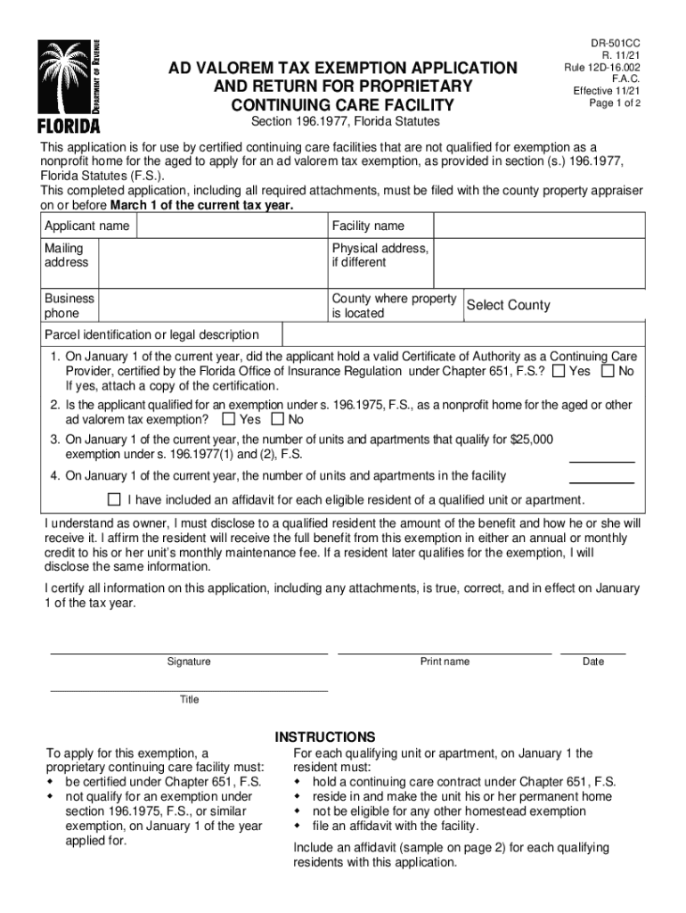 AD VALOREM TAX EXEMPTION APPLICATION, PROPRIETARY CONTINUING CARE FACILITY  Form