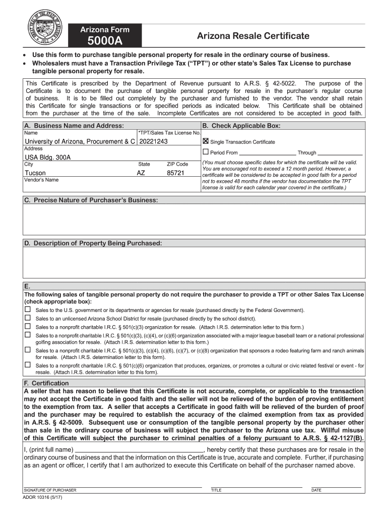 Arizona Resale Certificate  Form