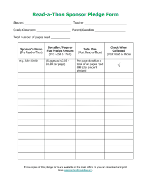 Read a Thon Pledge Sheet  Form