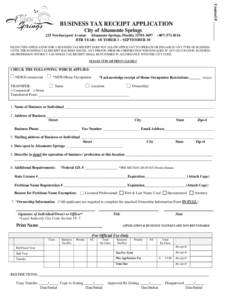Altamonte Springs Business Tax Receipt  Form