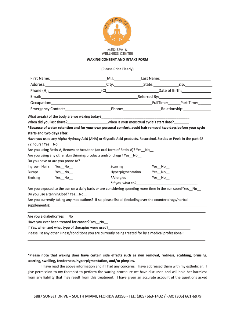 Waxing Intake Form Fill Out and Sign Printable PDF Template signNow