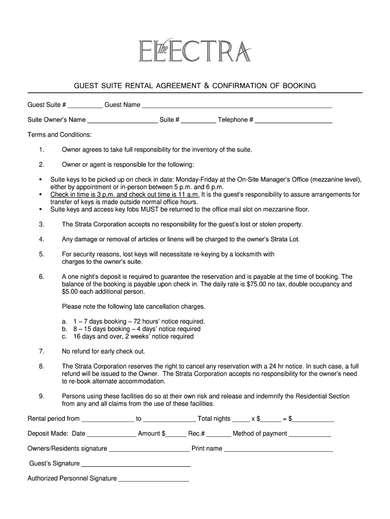 Guest Suite Rental Agreement & Confirmation of Booking the Electra  Form