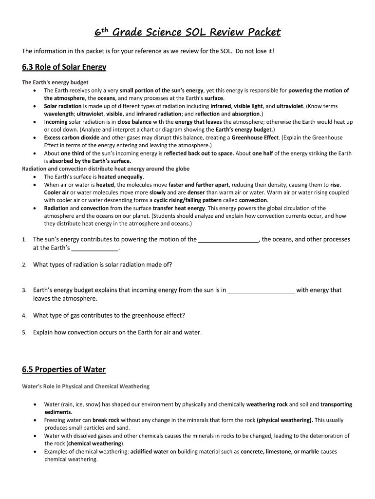 6th Grade Science Sol Review Packet  Form
