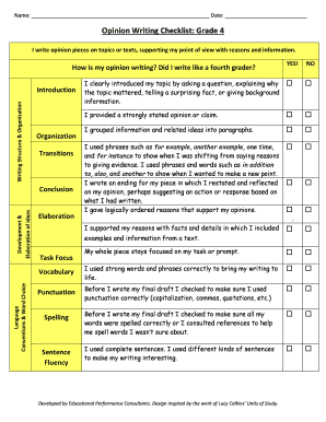 Opinion Writing Checklist Grade 4  Form