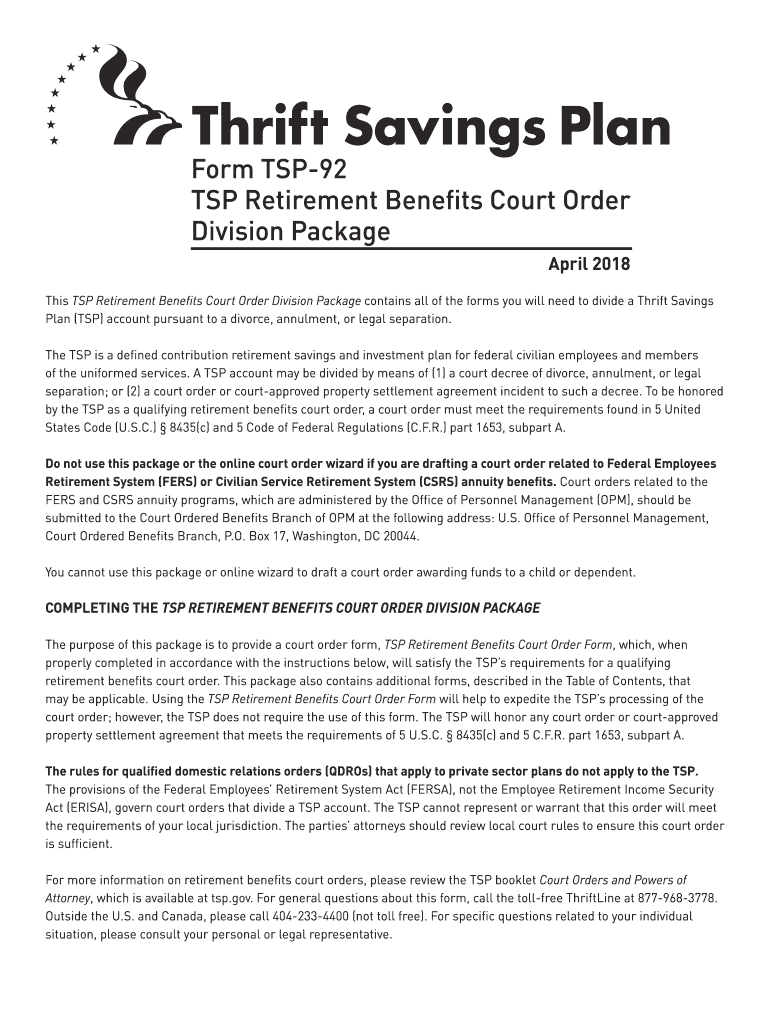  Form TSP Retirement Benefits Court Order Division Package 2018