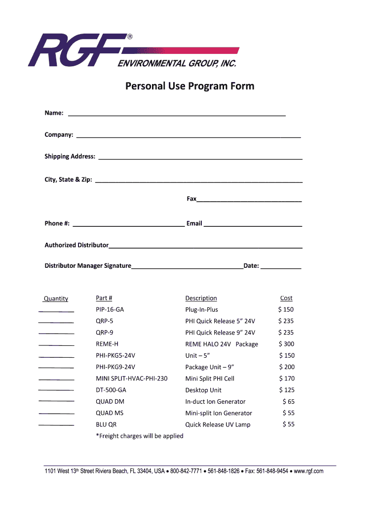 Personal Use Program Form RGF Environmental Group