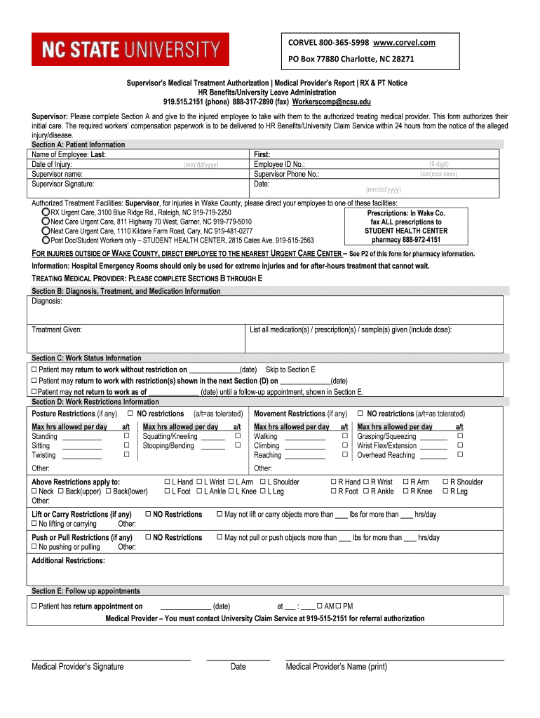 Supervisor's Medical Treatment Authorization Form NC State