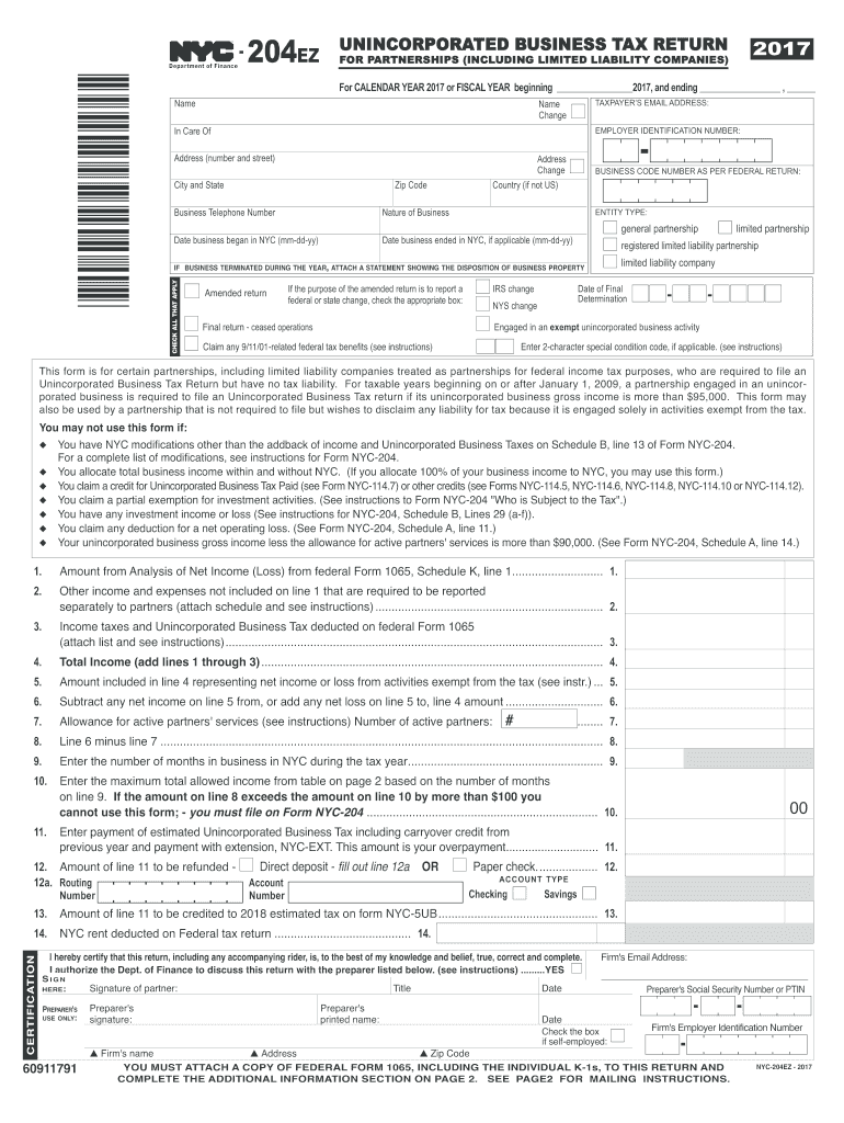  Nyc 204 Ez Instructions Form 2017