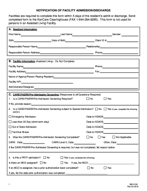  NOTIFICATION of FACILITY ADMISSIONDISCHARGE Facilities 2018-2024