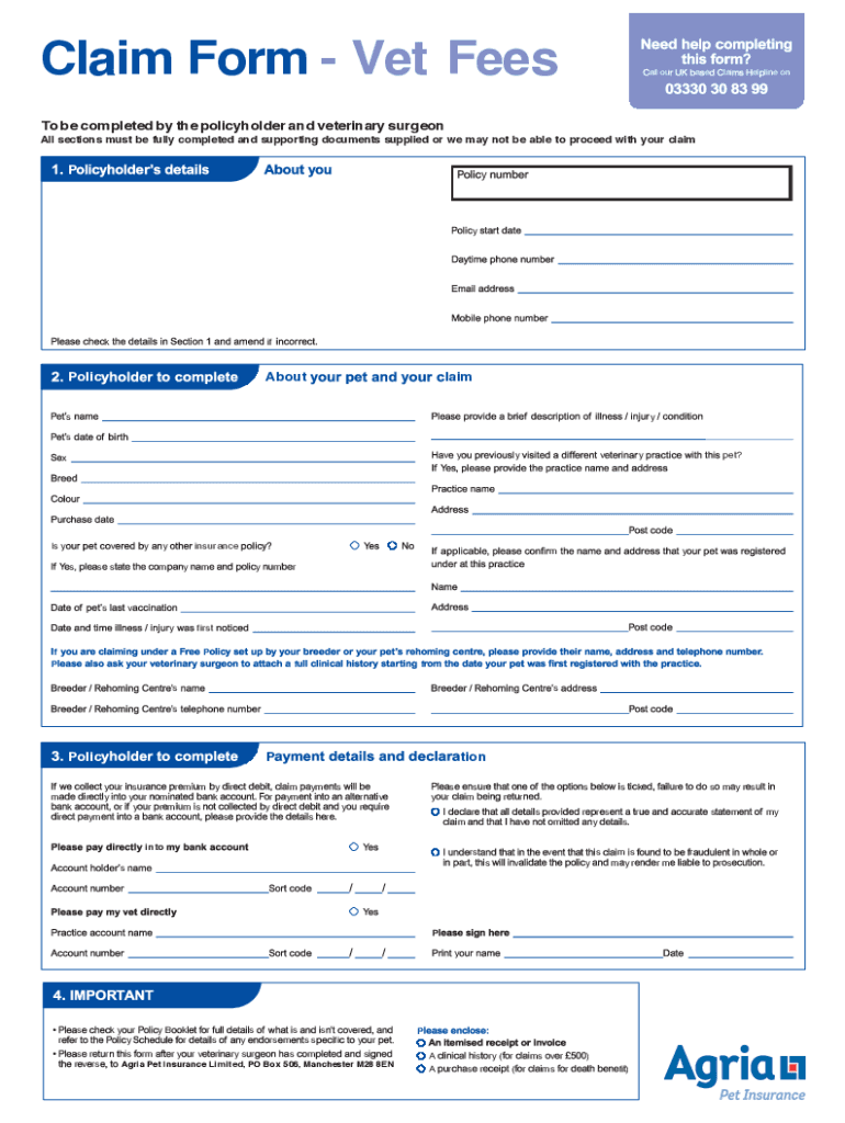 UK Agria Pet Insurance Claim Form Vet Fees