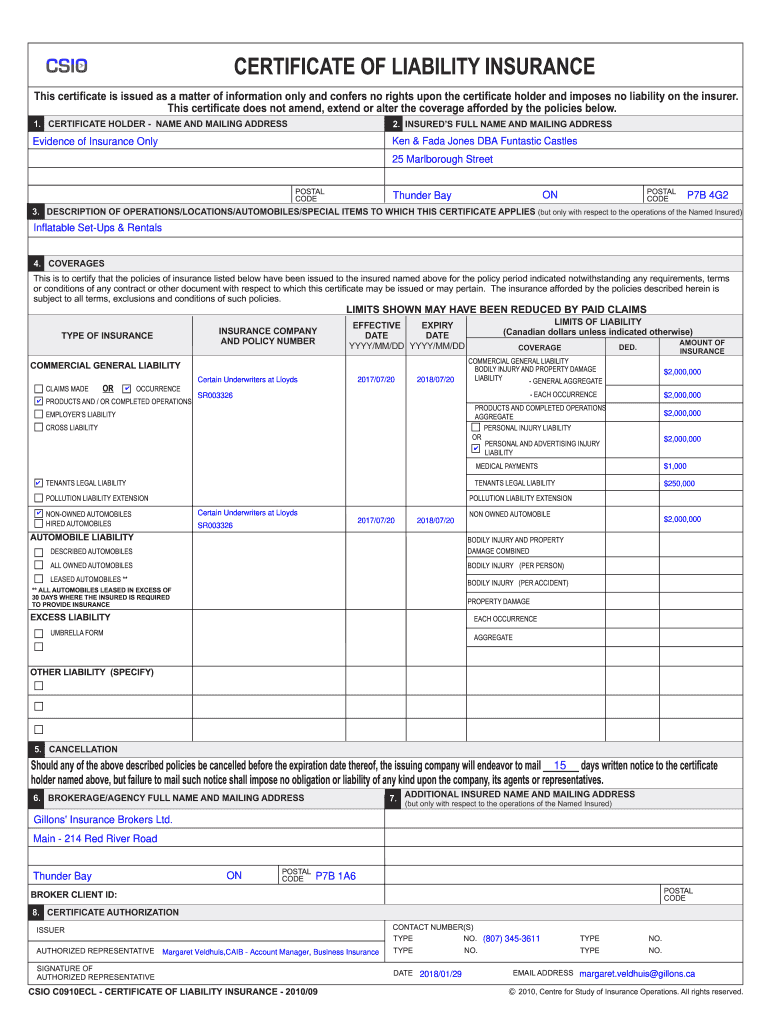 Csio Certificate of Insurance  Form