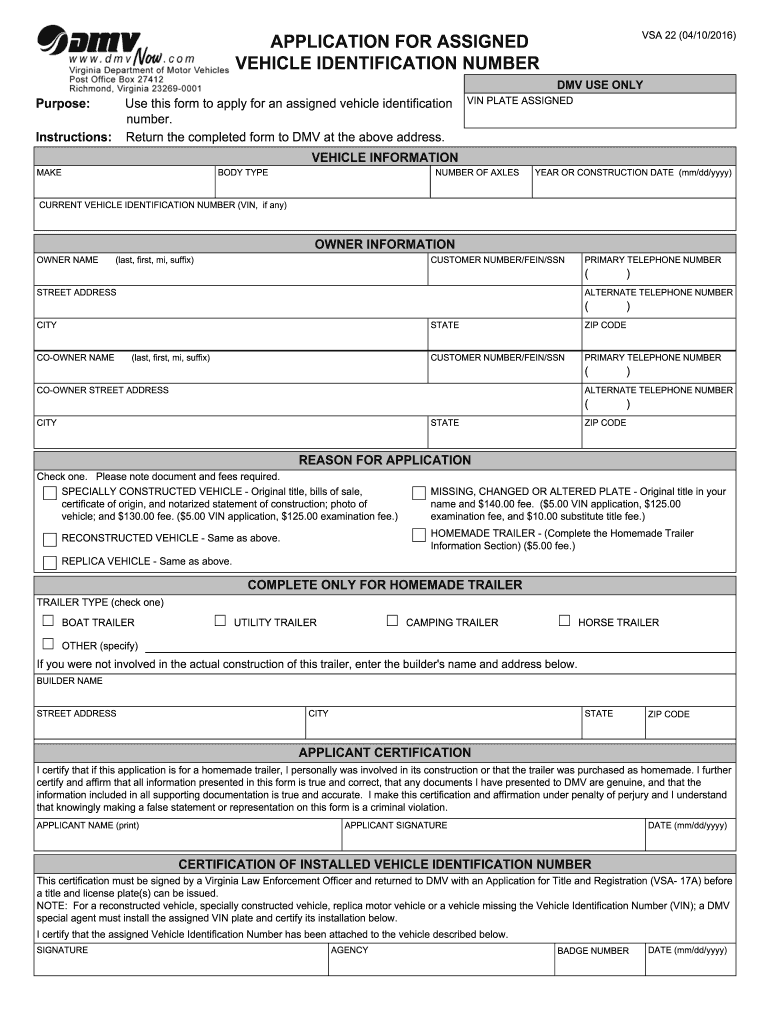  Application for Assigned Vehicle Identification Number Plate Reg 124 Form 2016